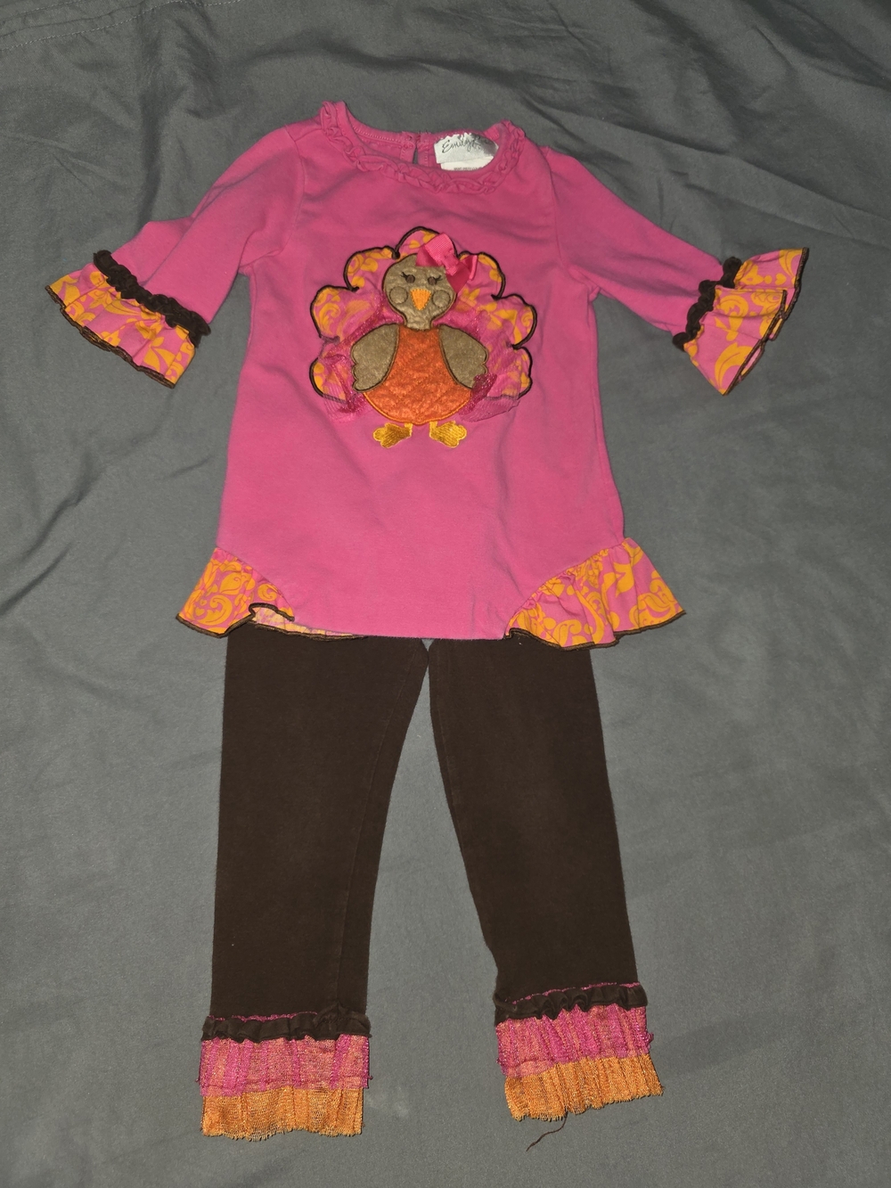 Emily Rose Hot Pink Turkey Appliqué Tunic with Brown Ruffle Leggings